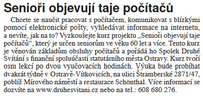 článek ve zpravodaji Marianskych Hor a Hulvák Senioři objevují taje počítačů