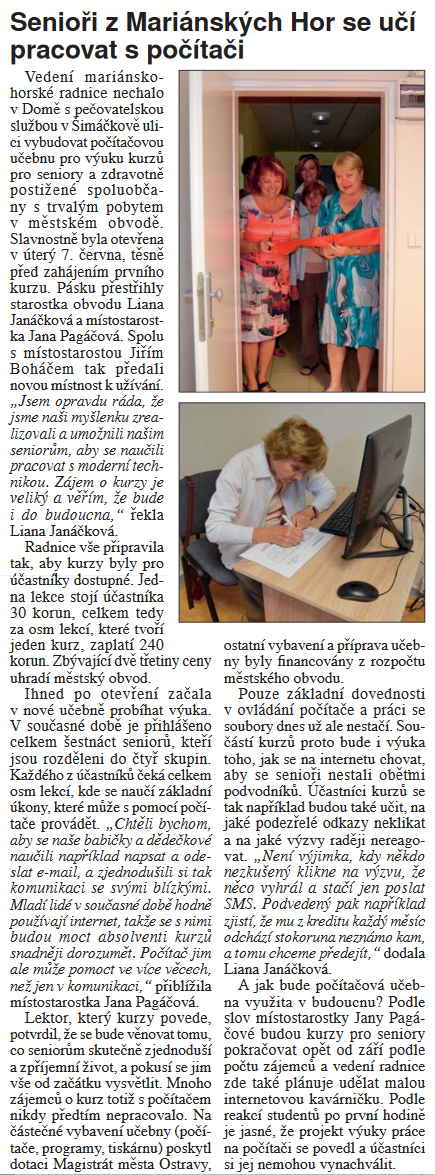 Otevření počítačové učebny pro seniory na ul. Šimáčkova 27 Otevření počítačové učebny pro seniory na ul. Šimáčkova 27