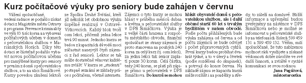 článek ve zpravodaji Marianskych Hor a Hulvák článek ve zpravodaji Marianskych Hor a Hulvák