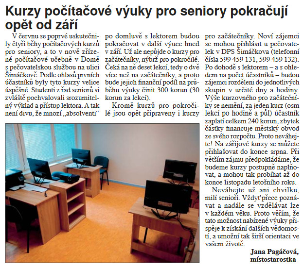 Kurzy počítačové výuky pro seniory na ul. Šimáčkova 27 pokračují