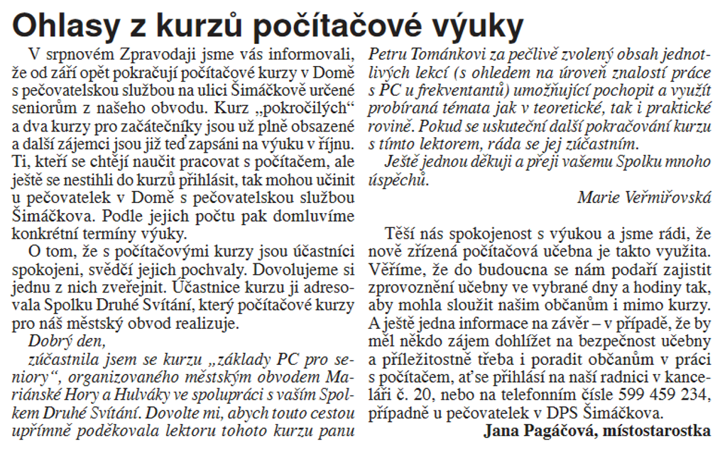 Ohlasy z kurzů počítačové výuky Ohlasy z kurzů počítačové výuky